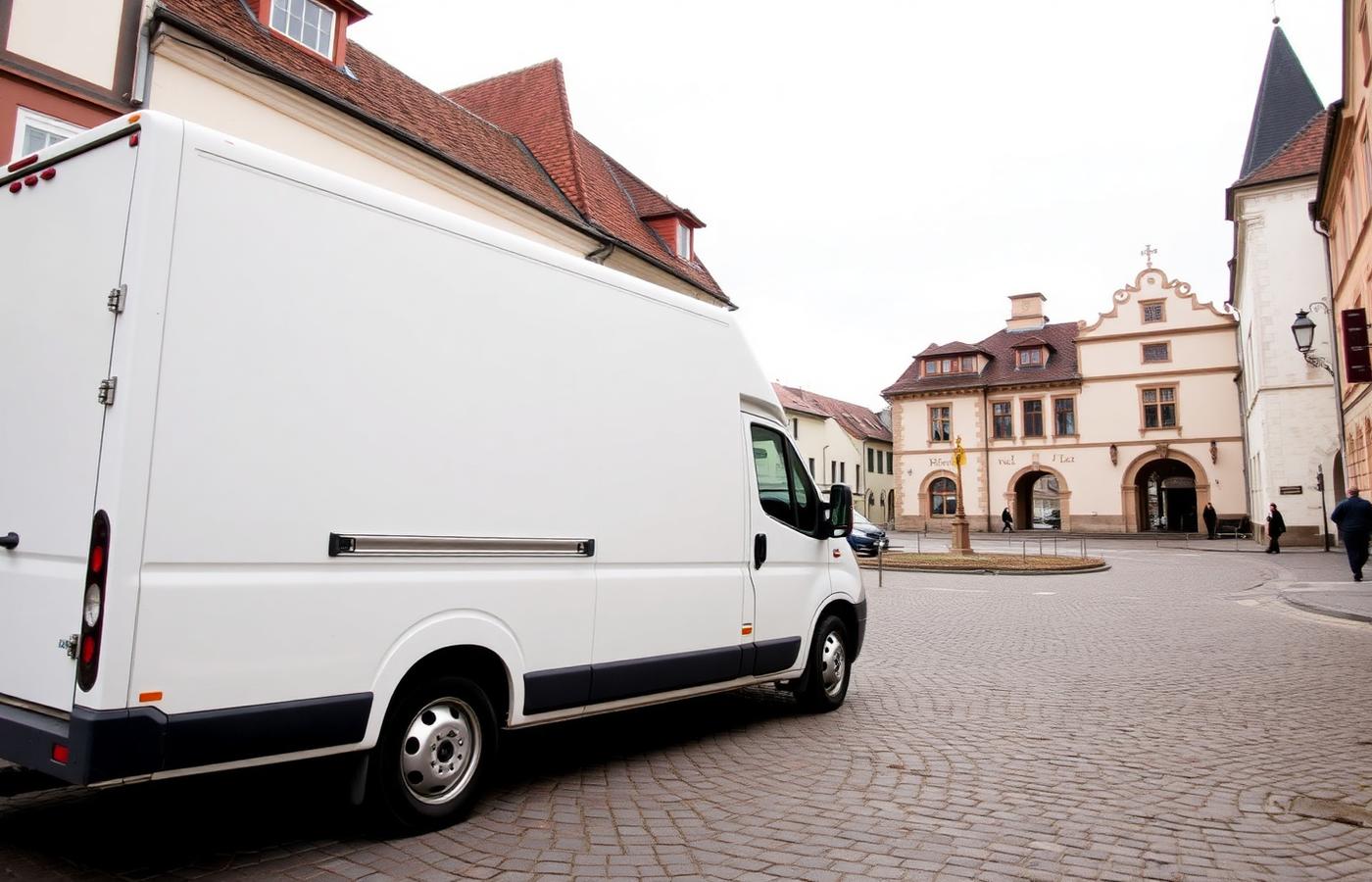 Weißer Umzugstransporter in der Trierer Altstadt
